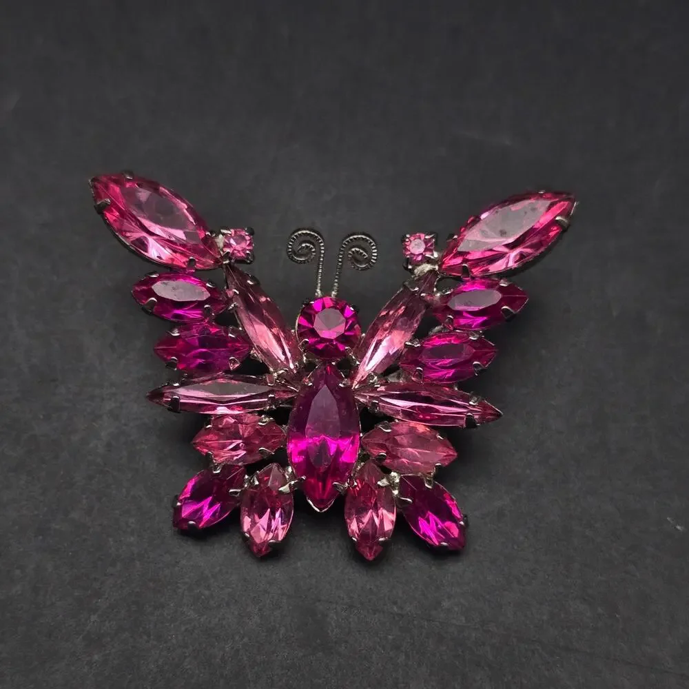 Juliana Pink Rhinestone Butterfly Brooch Vintage Verified Glam Costume Jewelry